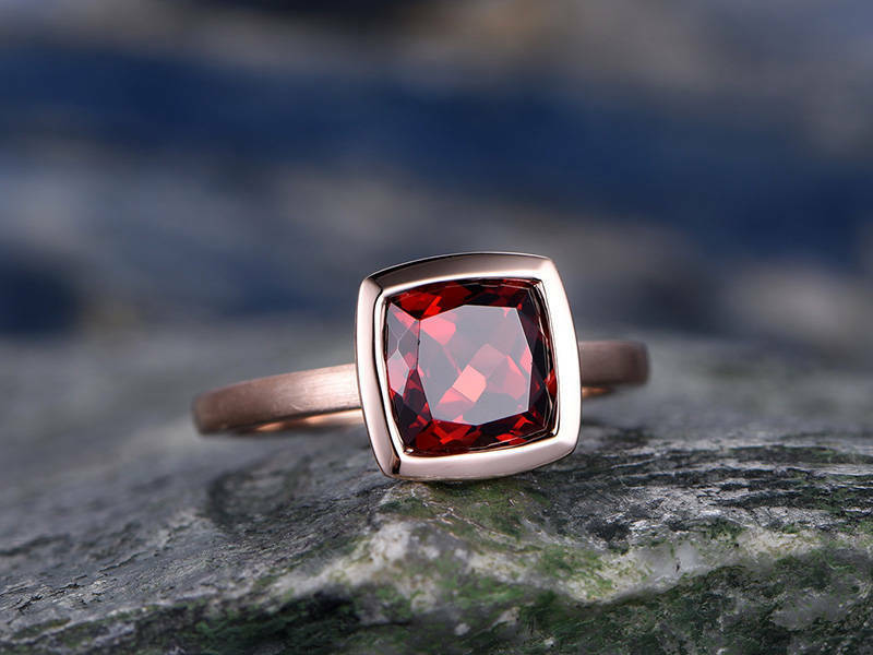 1.20 Ct Cushion Cut Red Garnet Bezel Set Solitaire January Birthstone Ring In 925 Sterling Silver