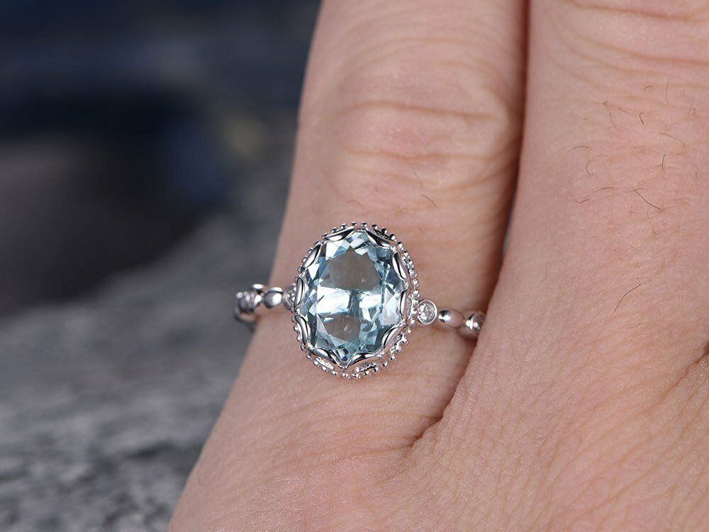 1 Ct Oval Cut Blue Aquamarine 925 Sterling Silver Milgrain Vintage Solitaire Ring