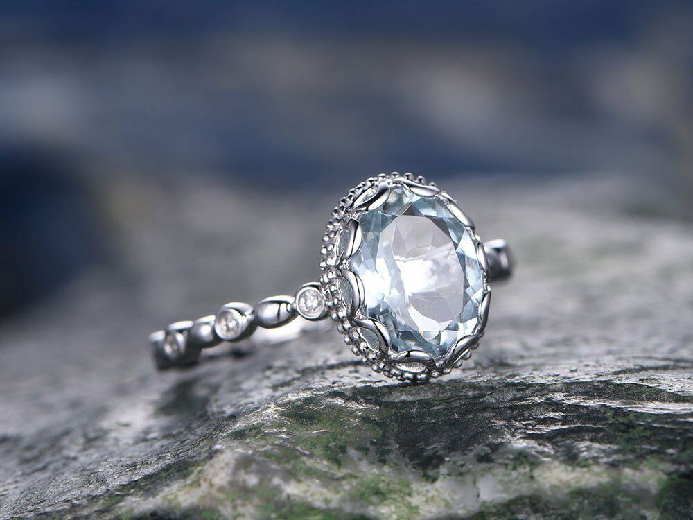 1 Ct Oval Cut Blue Aquamarine 925 Sterling Silver Milgrain Vintage Solitaire Ring