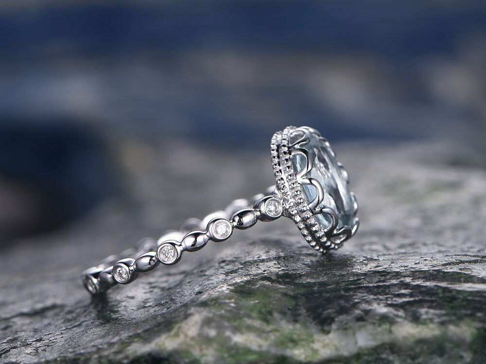 1 Ct Oval Cut Blue Aquamarine 925 Sterling Silver Milgrain Vintage Solitaire Ring