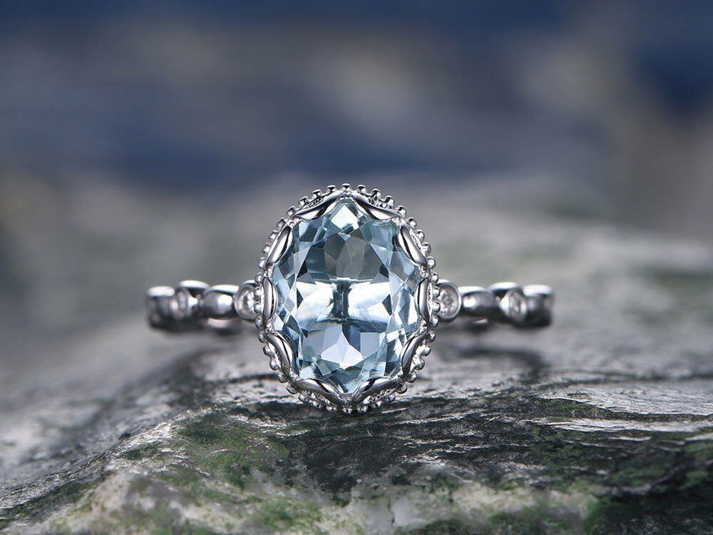 1 Ct Oval Cut Blue Aquamarine 925 Sterling Silver Milgrain Vintage Solitaire Ring