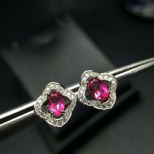 2.25 CT Oval Cut Pink Ruby 925 Sterling Silver Floral Halo Stud Earrings