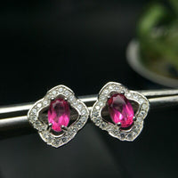 2.25 CT Oval Cut Pink Ruby 925 Sterling Silver Floral Halo Stud Earrings