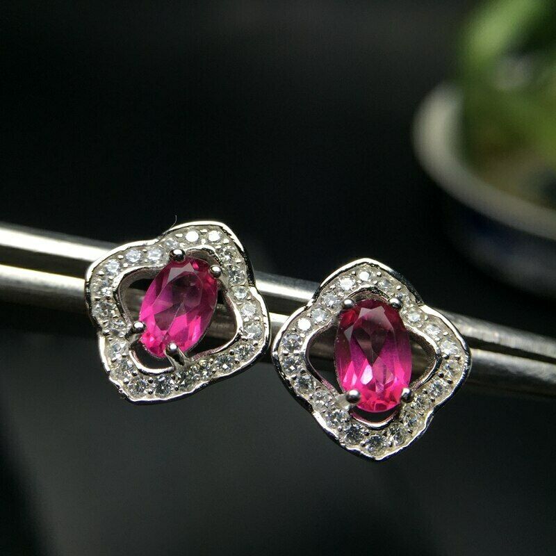 2.25 CT Oval Cut Pink Ruby 925 Sterling Silver Floral Halo Stud Earrings