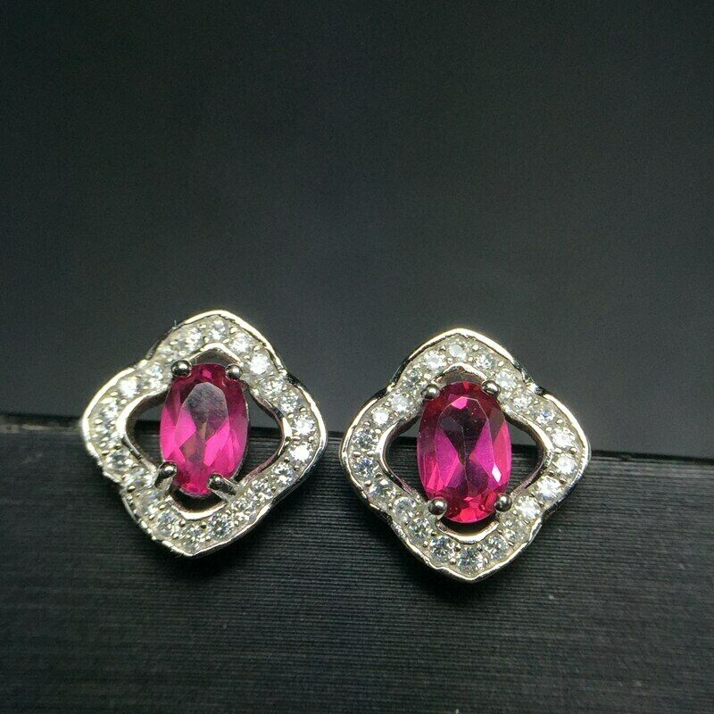2.25 CT Oval Cut Pink Ruby 925 Sterling Silver Floral Halo Stud Earrings