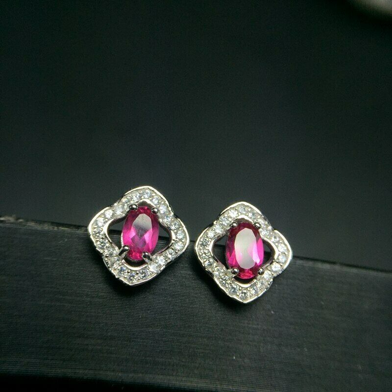 2.25 CT Oval Cut Pink Ruby 925 Sterling Silver Floral Halo Stud Earrings