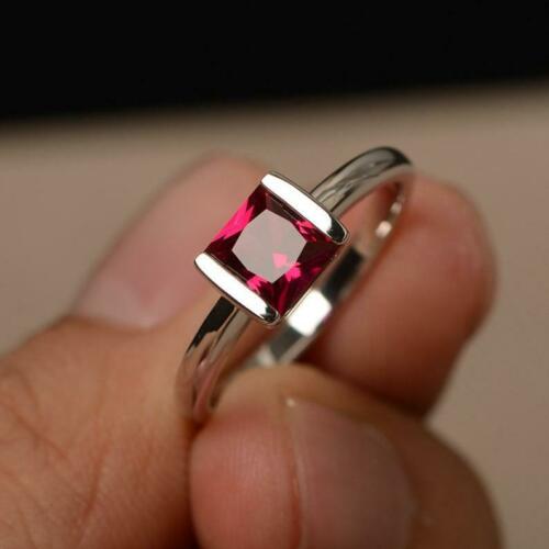 1 Ct Princess Cut Red Ruby 925 Sterling Silver Solitaire Valentine Ring For Her