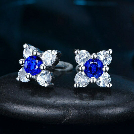 1 Ct Round-Cut Blue Sapphire 925 Sterling Silver Women's Flower Stud Earrings