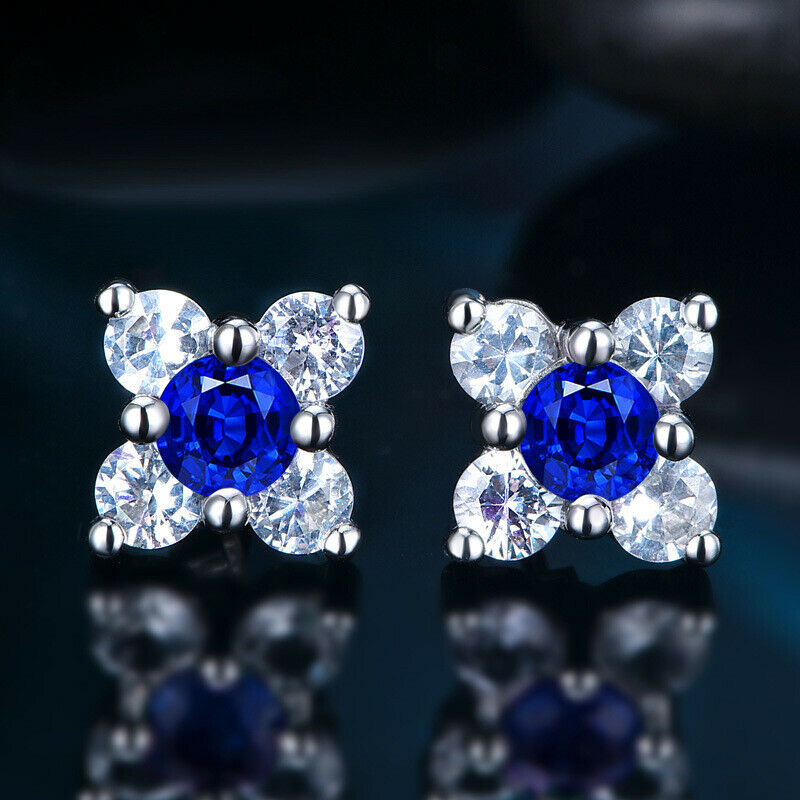 1 Ct Round-Cut Blue Sapphire 925 Sterling Silver Women's Flower Stud Earrings