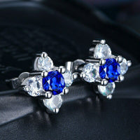 1 Ct Round-Cut Blue Sapphire 925 Sterling Silver Women's Flower Stud Earrings