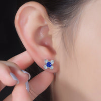 1 Ct Round-Cut Blue Sapphire 925 Sterling Silver Women's Flower Stud Earrings