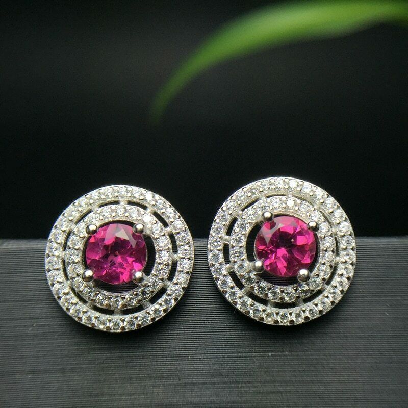 1.20 Ct Round Cut Pink Topaz Double Halo Stud Earring 925 Sterling Silver