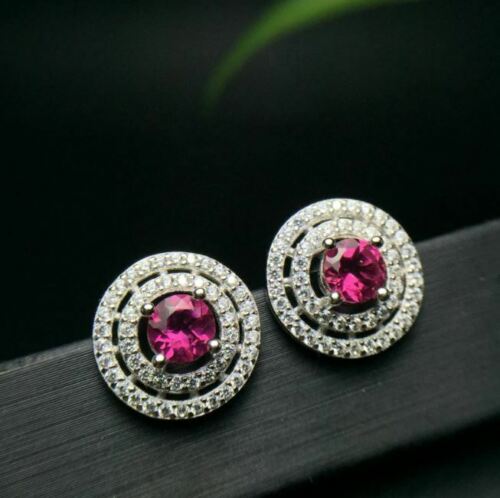 1.20 Ct Round Cut Pink Topaz Double Halo Stud Earring 925 Sterling Silver