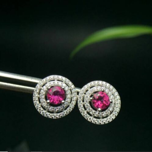 1.20 Ct Round Cut Pink Topaz Double Halo Stud Earring 925 Sterling Silver