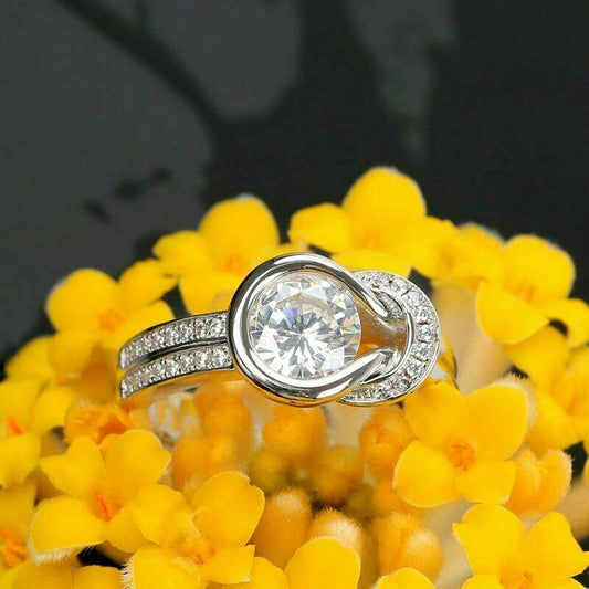 1 Ct Round Cut VVS1/D Diamond Knot Solitaire Engagement Ring 14K White Gold Over On 925 Silver