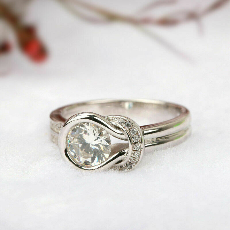 1 Ct Round Cut VVS1/D Diamond Knot Solitaire Engagement Ring 14K White Gold Over On 925 Silver