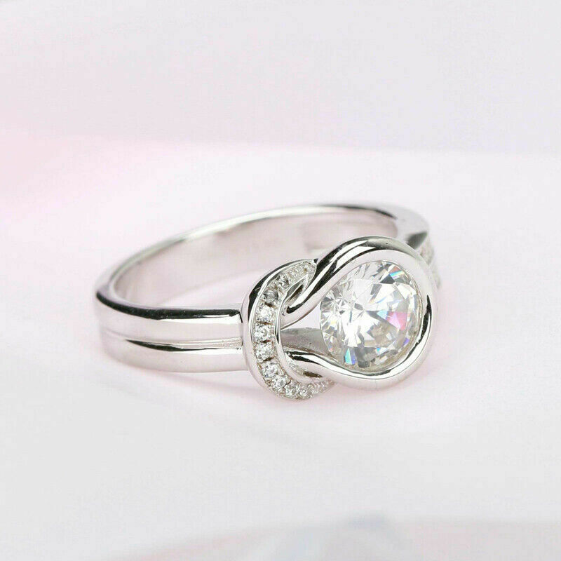 1 Ct Round Cut VVS1/D Diamond Knot Solitaire Engagement Ring 14K White Gold Over On 925 Silver