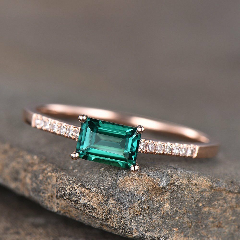 1.25 Ct Emerald Cut Green Emerald Rose Gold Over On 925 Sterling Silver Solitaire W/Accents Promise Ring
