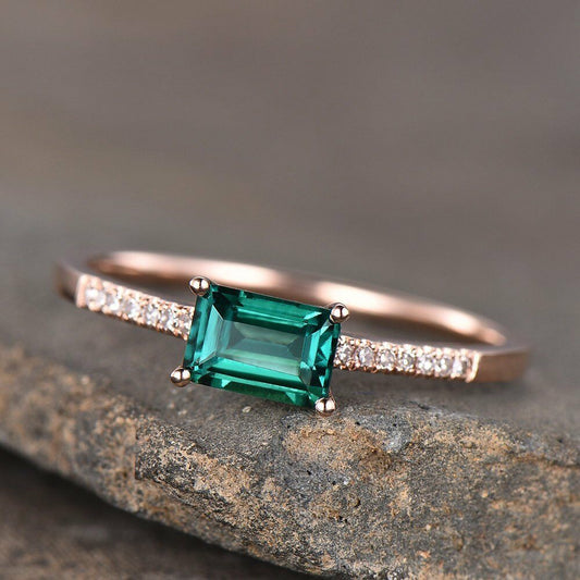 1.25 Ct Emerald Cut Green Emerald Rose Gold Over On 925 Sterling Silver Solitaire W/Accents Promise Ring