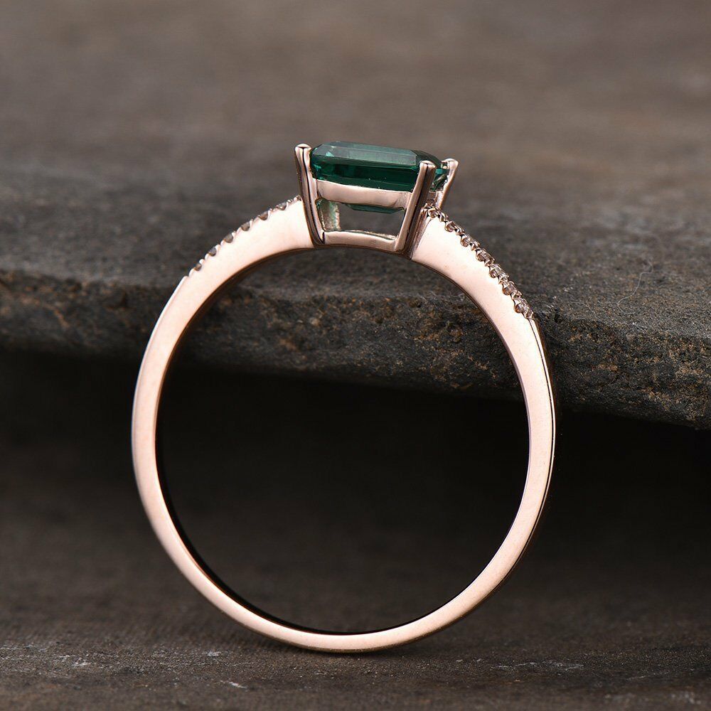 1.25 Ct Emerald Cut Green Emerald Rose Gold Over On 925 Sterling Silver Solitaire W/Accents Promise Ring