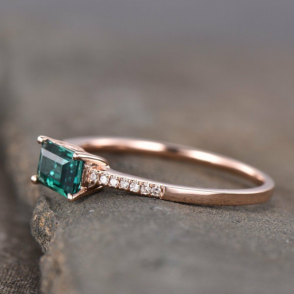 1.25 Ct Emerald Cut Green Emerald Rose Gold Over On 925 Sterling Silver Solitaire W/Accents Promise Ring