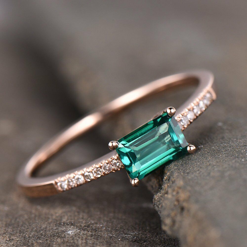 1.25 Ct Emerald Cut Green Emerald Rose Gold Over On 925 Sterling Silver Solitaire W/Accents Promise Ring