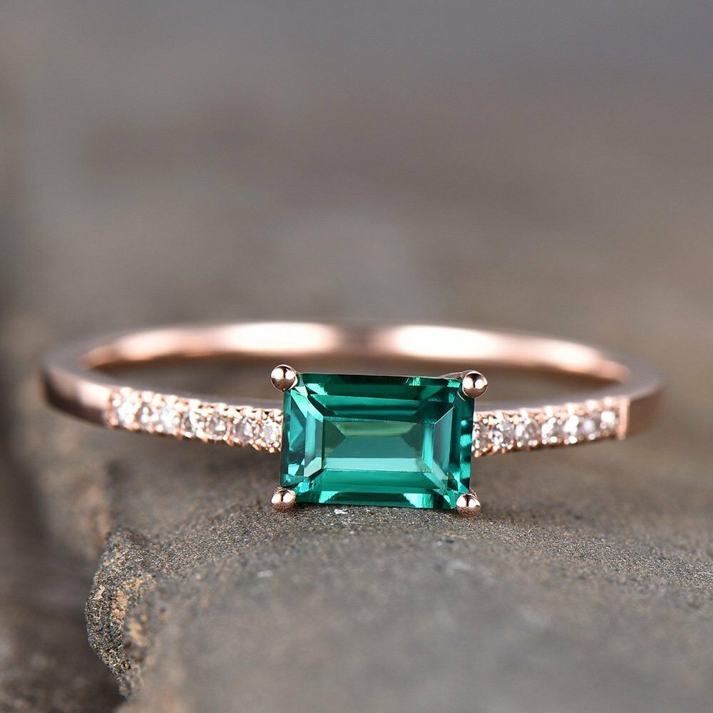 1.25 Ct Emerald Cut Green Emerald Rose Gold Over On 925 Sterling Silver Solitaire W/Accents Promise Ring