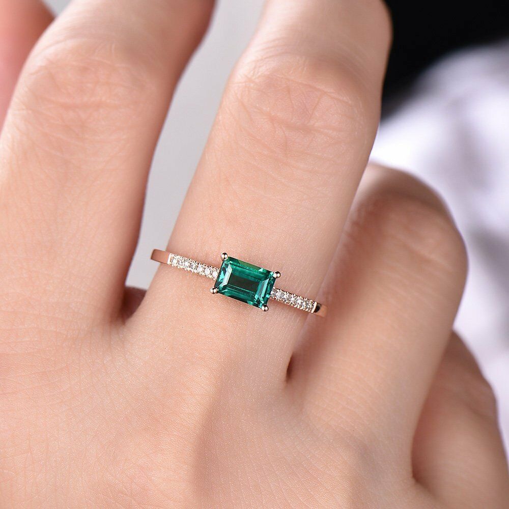 1.25 Ct Emerald Cut Green Emerald Rose Gold Over On 925 Sterling Silver Solitaire W/Accents Promise Ring