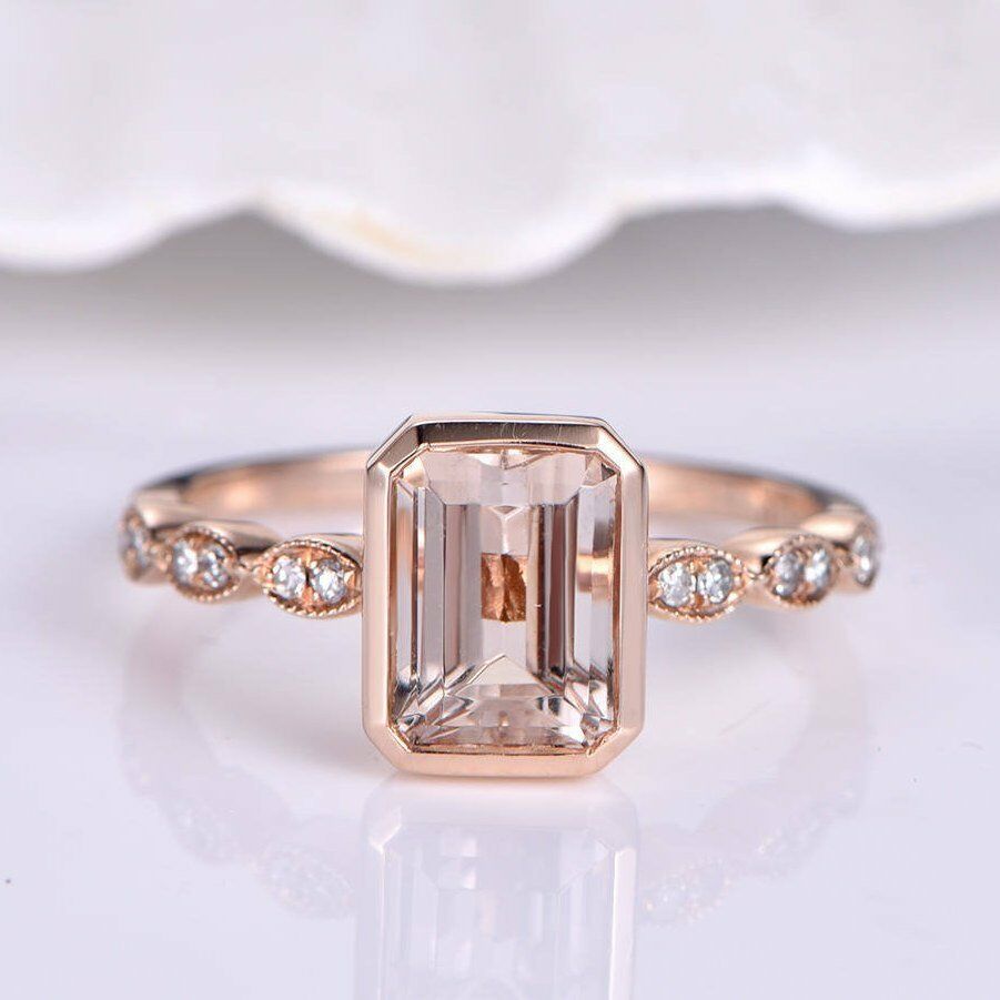 1.50 Ct Emerald Cut Peach Morganite 925 Sterling Silver Solitaire W//Accents Engagement Ring