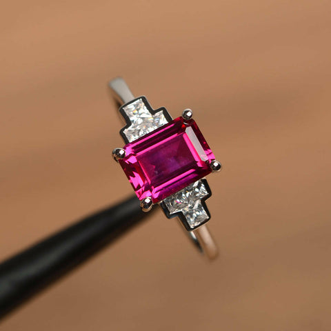 1.50 Ct Emerald Cut Pink Ruby 925 Sterling Silver Solitaire W/Accents Unique Ring
