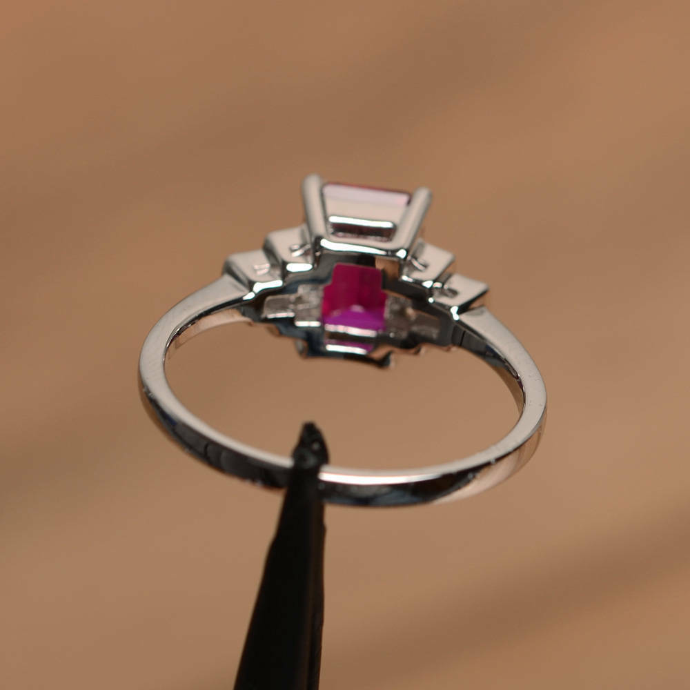 1.50 Ct Emerald Cut Pink Ruby 925 Sterling Silver Solitaire W/Accents Unique Ring