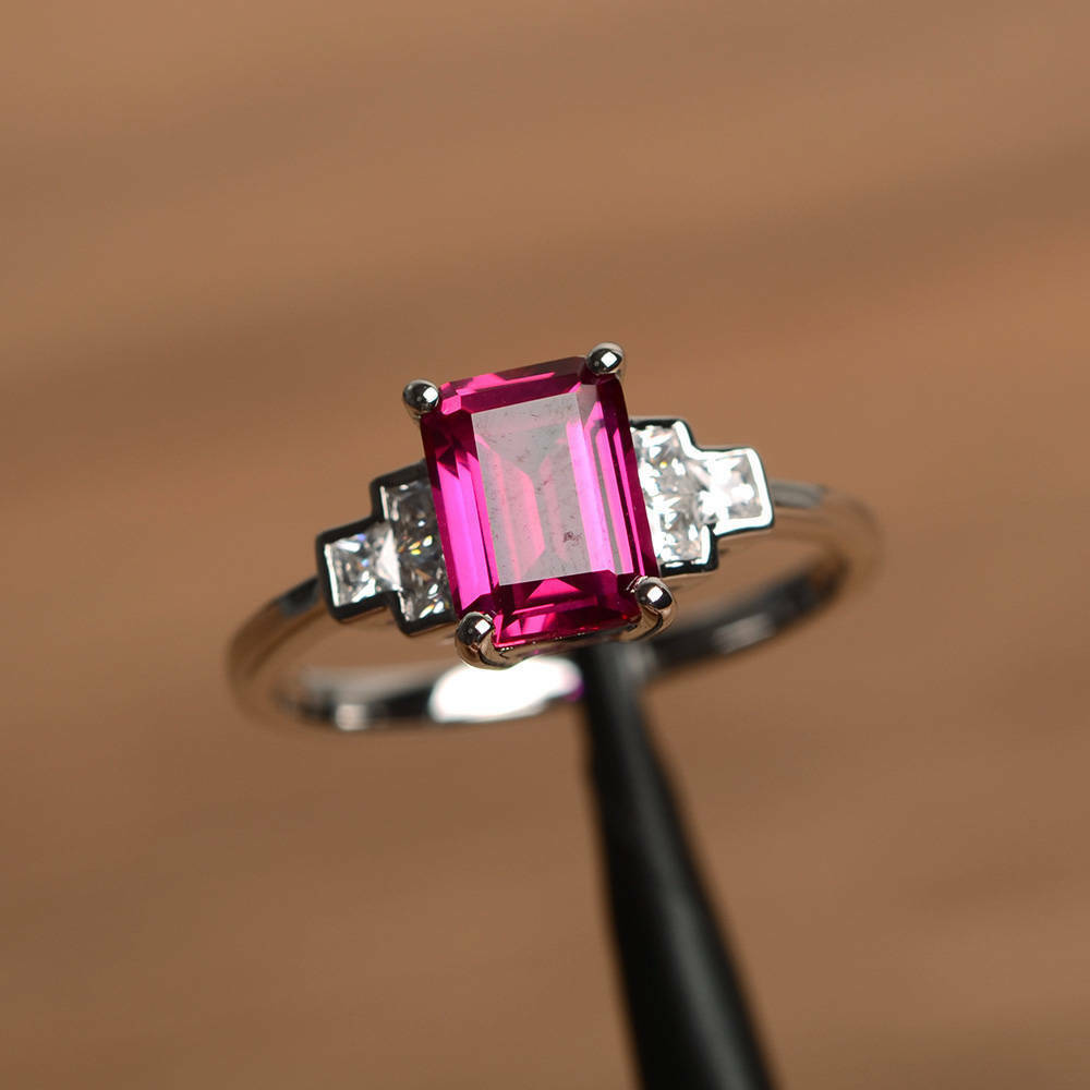 1.50 Ct Emerald Cut Pink Ruby 925 Sterling Silver Solitaire W/Accents Unique Ring
