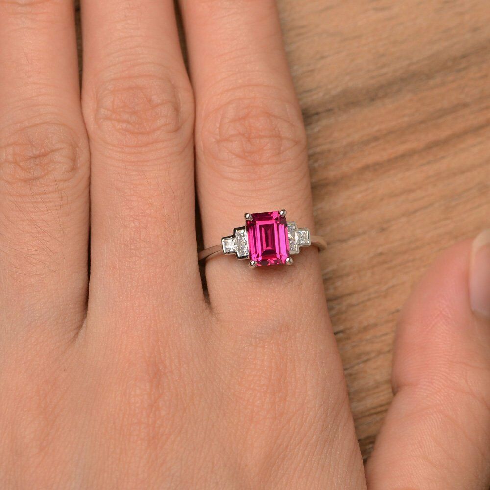 1.50 Ct Emerald Cut Pink Ruby 925 Sterling Silver Solitaire W/Accents Unique Ring