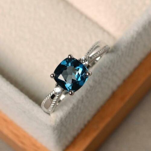 1 Ct Cushion Cut London Blue Topaz 925 Sterling Silver Three-Stone Promise Ring