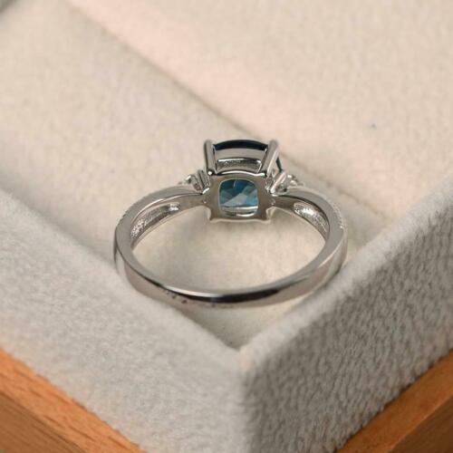 1 Ct Cushion Cut London Blue Topaz 925 Sterling Silver Three-Stone Promise Ring