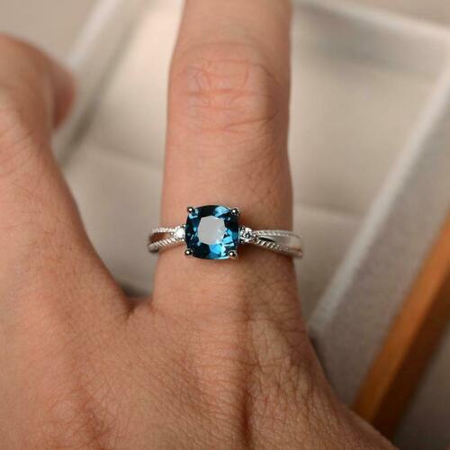 1 Ct Cushion Cut London Blue Topaz 925 Sterling Silver Three-Stone Promise Ring