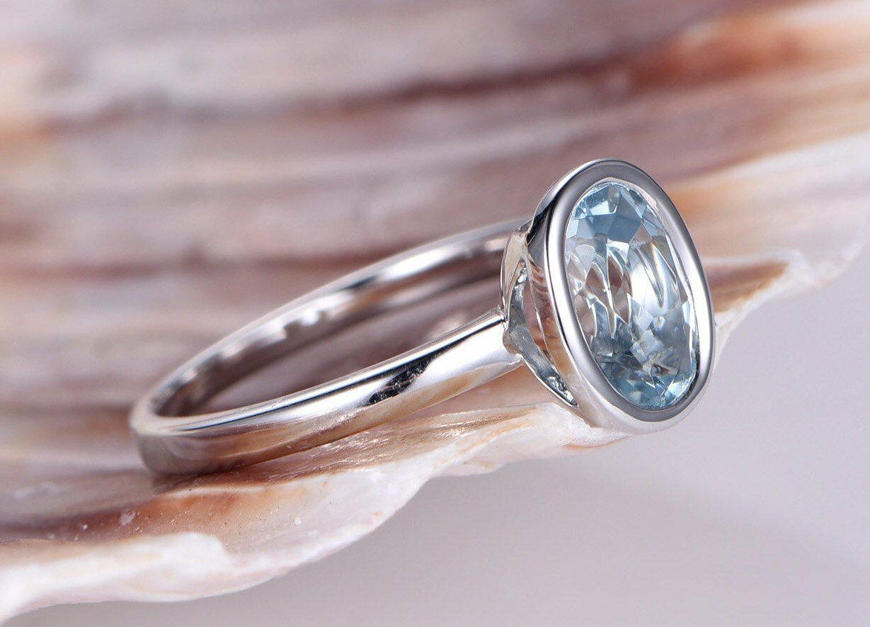 1.00 Ct Oval Cut Aquamarine 925 Sterling Silver Solitaire March Birthstone Ring