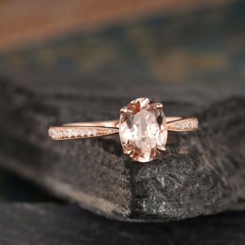 1.25 Ct Oval Cut Peach Morganite Rose Gold Over On 925 Sterling Silver Solitaire W/Accents Promise Ring