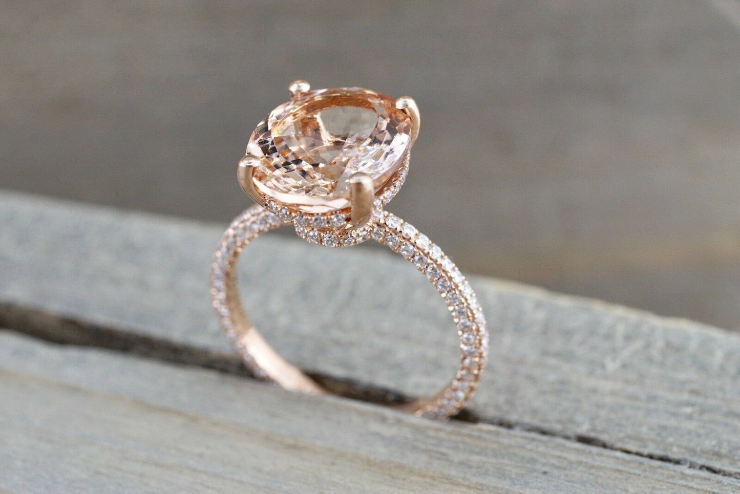 2.25 CT Oval Cut Peach Morganite Halo Engagement Ring In Rose Gold Over On 925 Sterling Silver