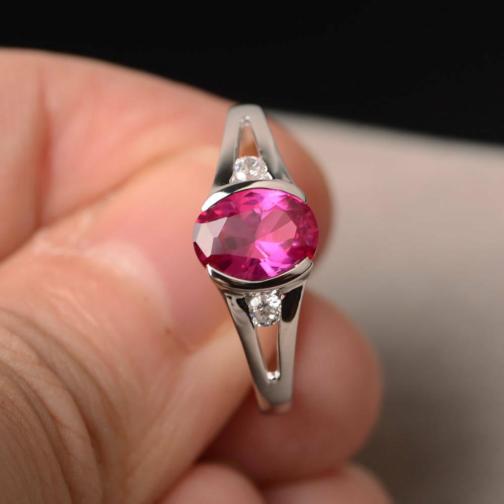 1 Ct Oval Cut Pink Ruby & Round Diamond 925 Sterling Silver Three-Stone Promise Ring