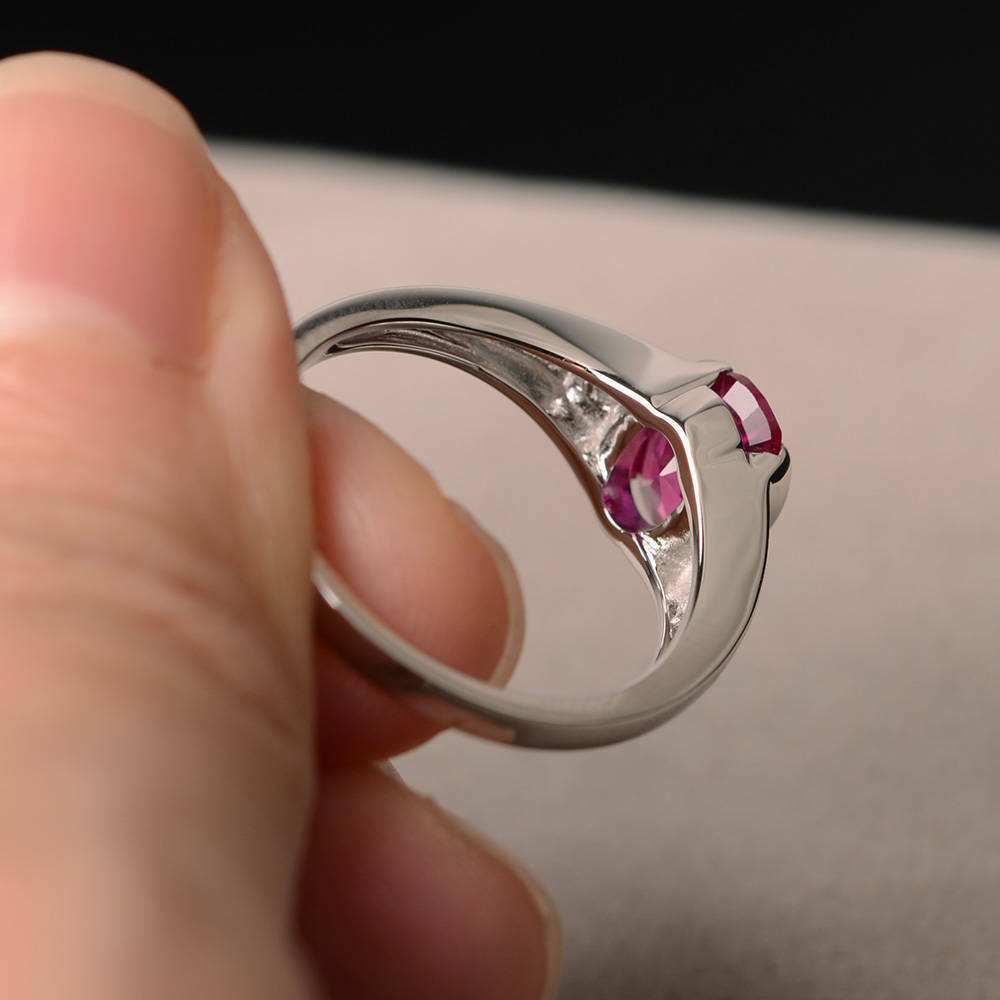 1 Ct Oval Cut Pink Ruby & Round Diamond 925 Sterling Silver Three-Stone Promise Ring