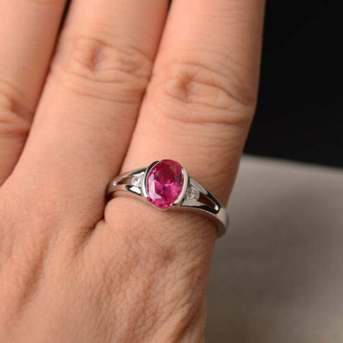 1 Ct Oval Cut Pink Ruby & Round Diamond 925 Sterling Silver Three-Stone Promise Ring