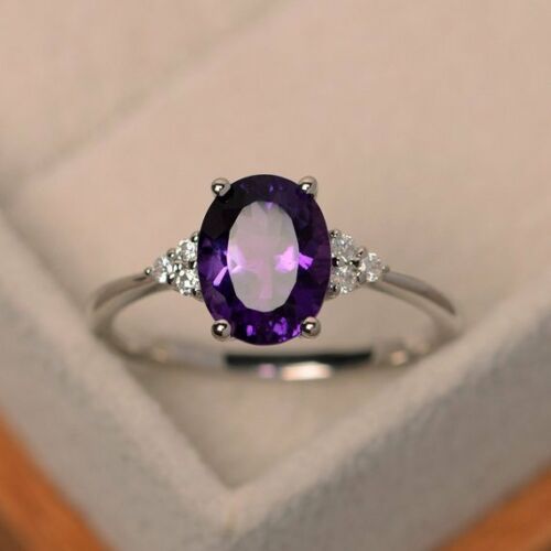 1.25 Ct Oval Cut Purple Amethyst Solitaire W/Accents Engagement Ring 925 Sterling Silver