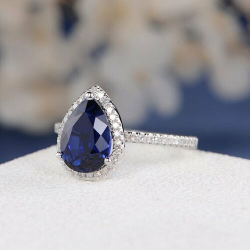 1.50 Ct Pear Cut Blue Sapphire Halo Engagement Ring In 925 Sterling Silver