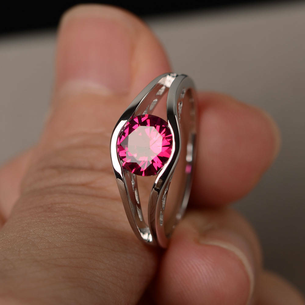 1 Ct Round Cut Pink Ruby 925 Sterling Silver Split Shank Promise/Engagement Ring