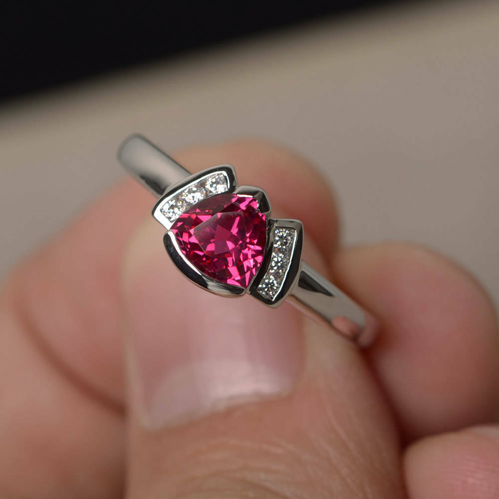 1 Ct Trillion Cut Pink Ruby 925 Sterling Silver Unique Solitaire W/Accents Ring