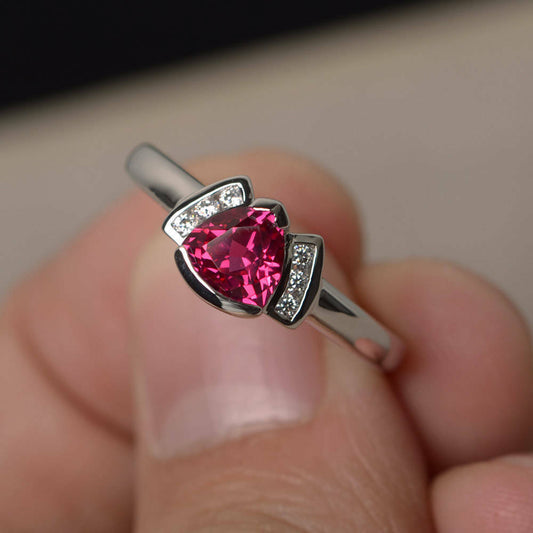 1 Ct Trillion Cut Pink Ruby 925 Sterling Silver Unique Solitaire W/Accents Ring