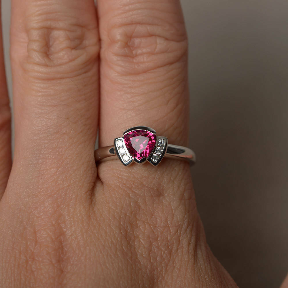 1 Ct Trillion Cut Pink Ruby 925 Sterling Silver Unique Solitaire W/Accents Ring