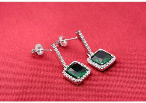 2.00 Ct Cushion Cut Green Emerald 925 Sterling Silver Halo Drop/Dangle Earrings For Her
