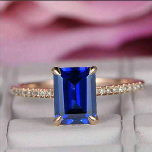 2 CT Emerald Cut Blue Sapphire 14K Rose Gold Over On 925 Silver Solitaire W/Accents Ring